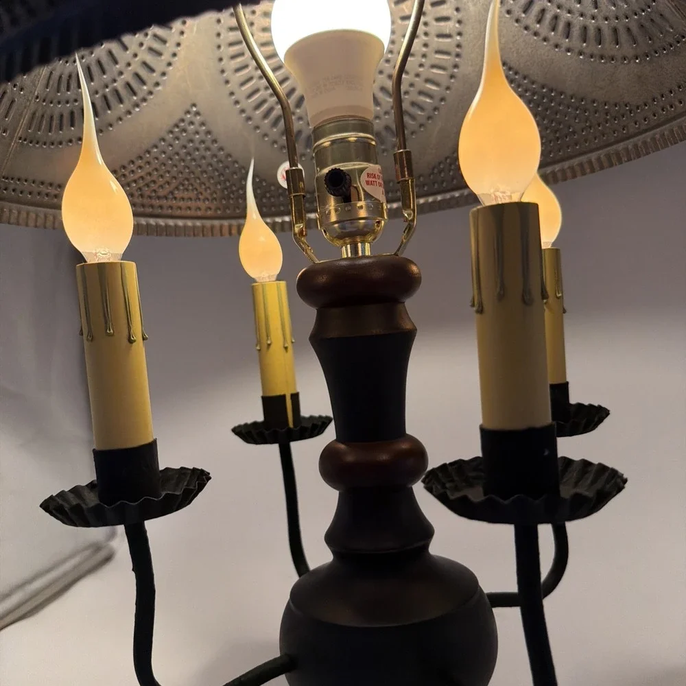 Cedar Creek Lamp W/Sturbridge Red Over Black & Kettle Black Punched Tin Shade